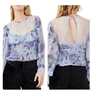 Free People Daphne Silver Blue Combo Lace Floral Print Blouse Size XS NWT